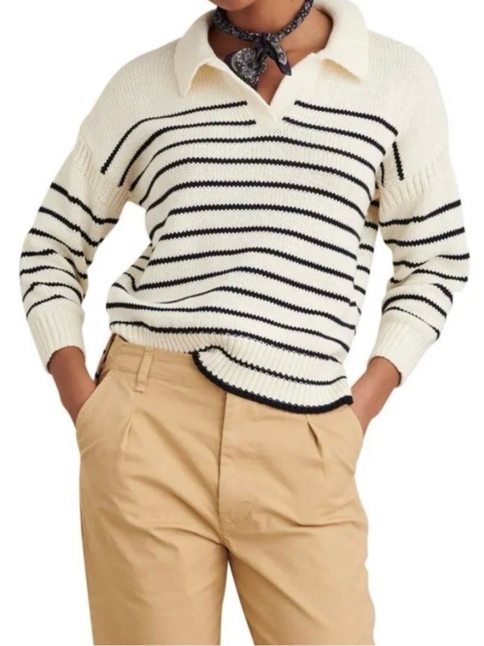 Alex Mill Navy & Cream Striped Cotton Polo Sweater Size Medium